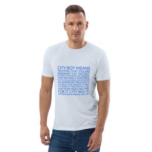 unisex-organic-cotton-t-shirt-serene-blue-front-654c01c3d8679.jpg Unisex "City Boy Means Trust" T-shirt