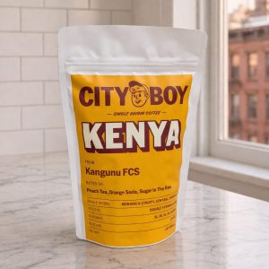 Kenyan Coffee bag on marble countertop