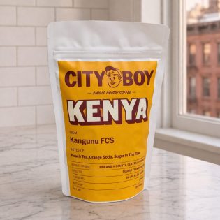 Kenyan Coffee bag on marble countertop